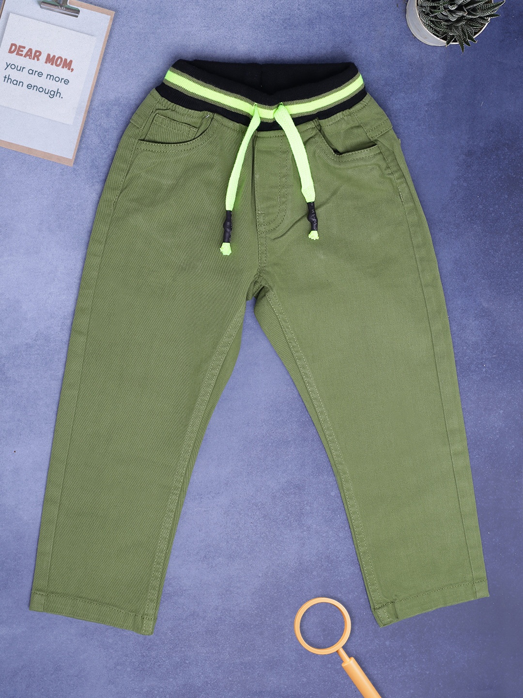 V-Mart Boys Mid-Rise Casual Cotton Trousers, Olive
