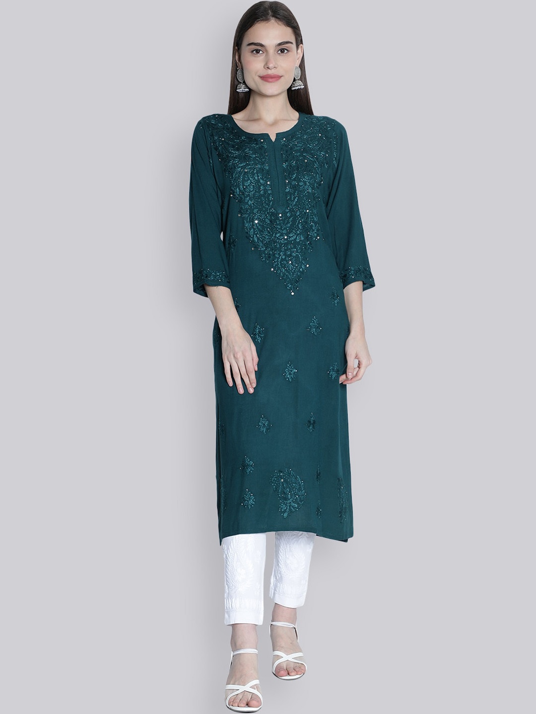 Seva Chikan Ethnic Motifs Lucknowi Mukaish Embroidered Regular Sequinned Kurta, Teal
Seva Chikan Ethnic Motifs Lucknowi Mukaish Embroidered Regular Sequinned Kurta, Teal