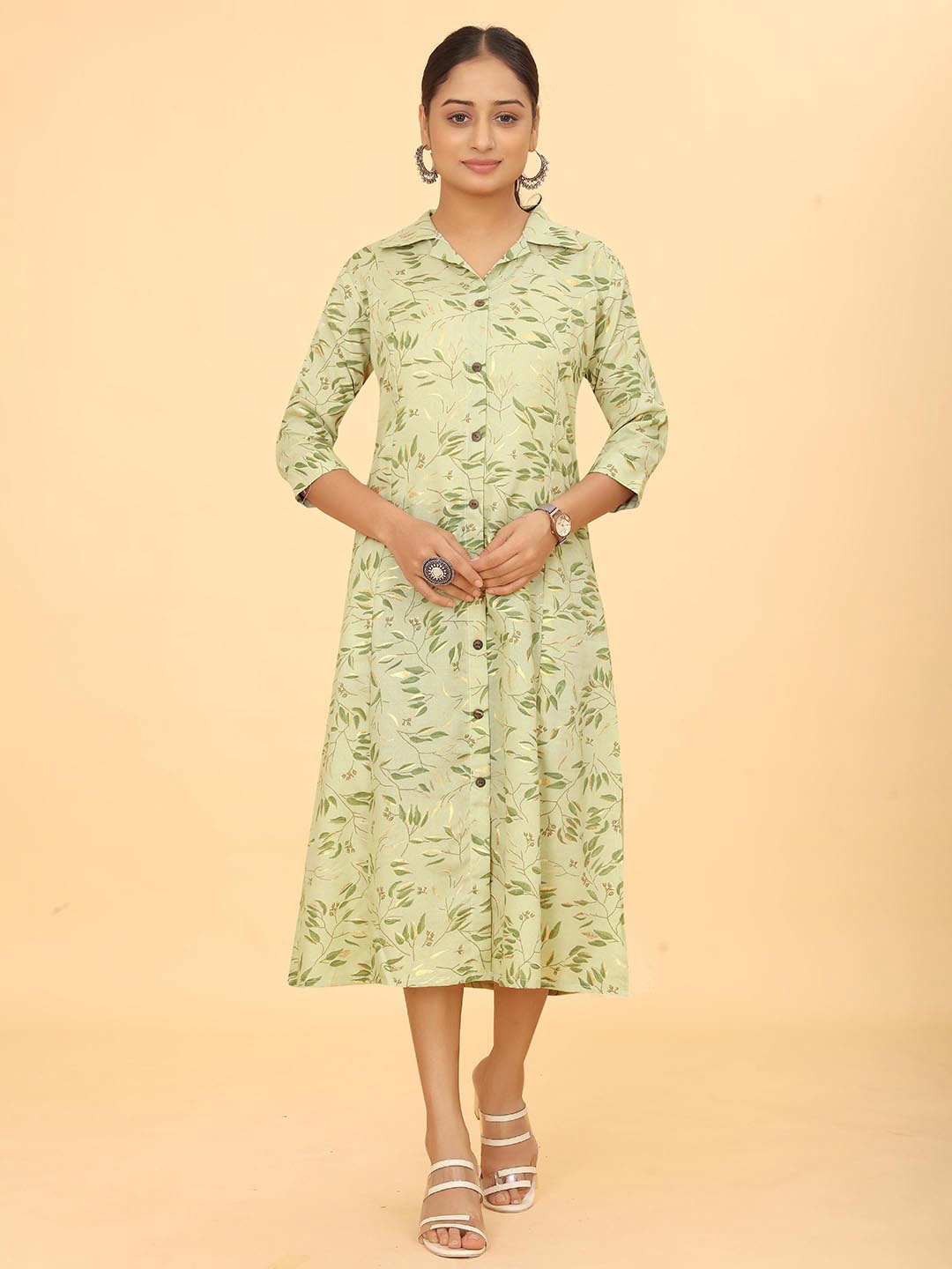 Kesudi Floral Print Shirt Collar Three-Quarter Sleeves Cotton Shirt Midi Dress, Green
Kesudi Floral Print Shirt Collar Three-Quarter Sleeves Cotton Shirt Midi Dress, Green