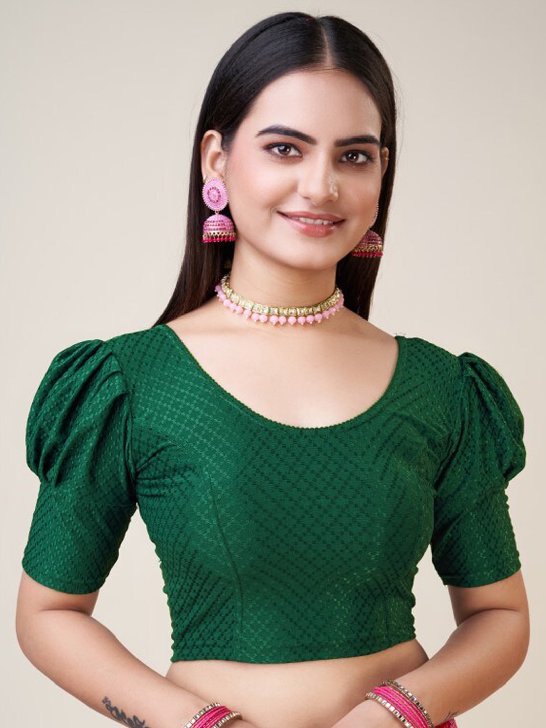 HIMRISE Woven Design U-Neck Puff Sleeves Saree Blouse, Green