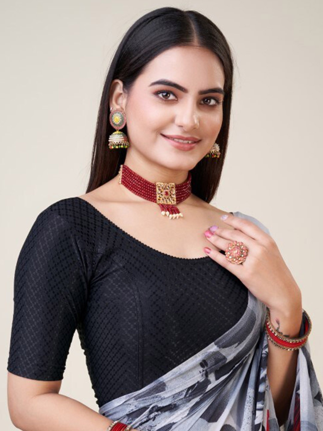 HIMRISE Geometric Woven Design Silk Saree Blouse, Black