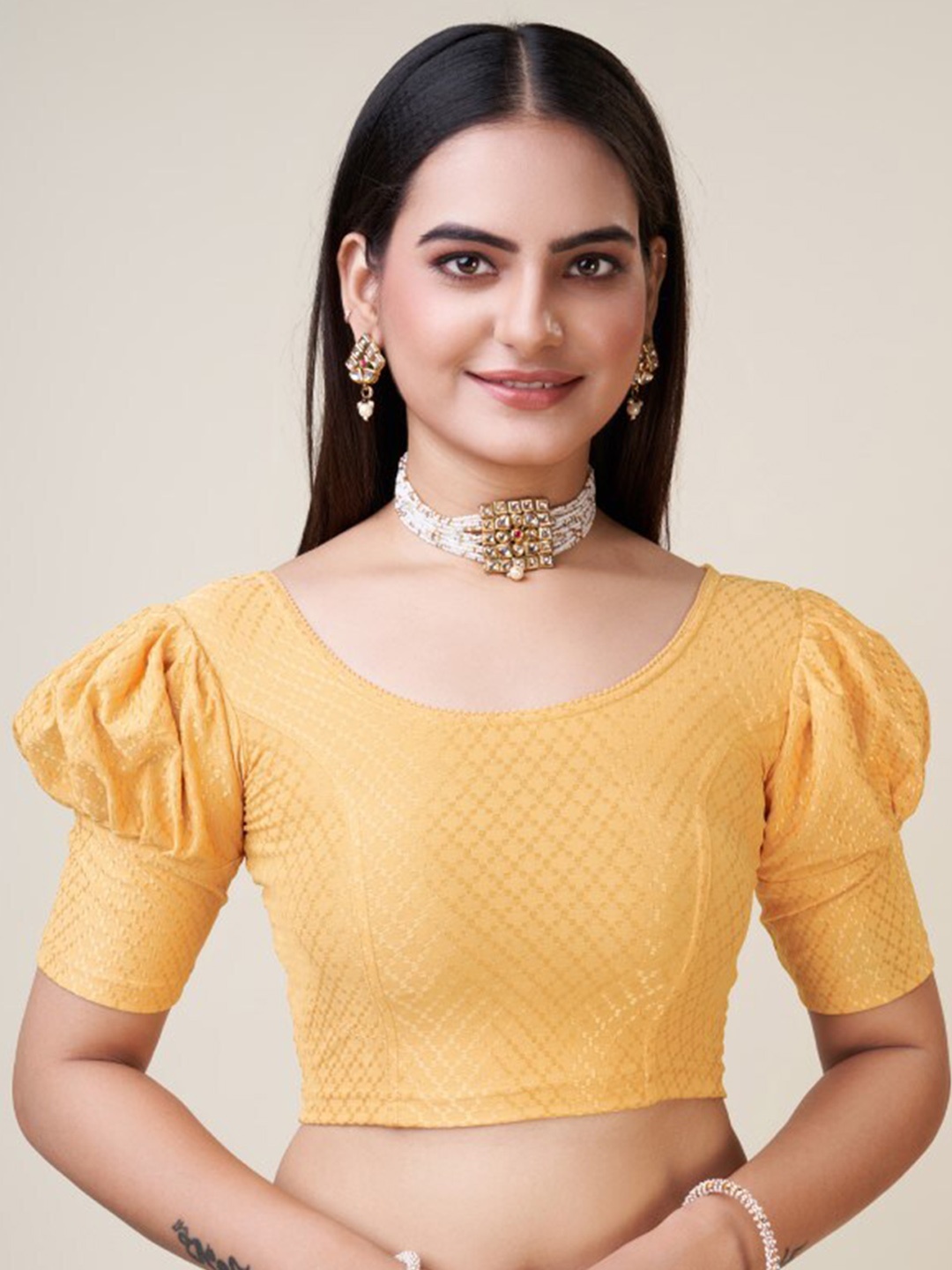 HIMRISE Woven Design Puff Sleeves Silk Saree Blouse, Gold