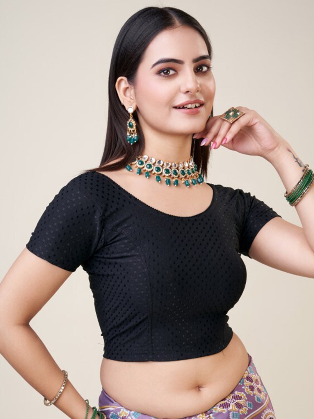 HIMRISE Woven Design Silk Saree Blouse, Black