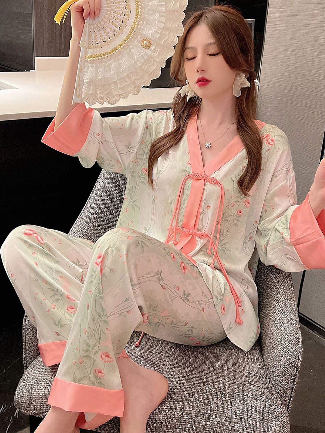 LULU & SKY Floral Printed Satin Night Suit, Off white 
LULU & SKY Floral Printed Satin Night Suit, Off white