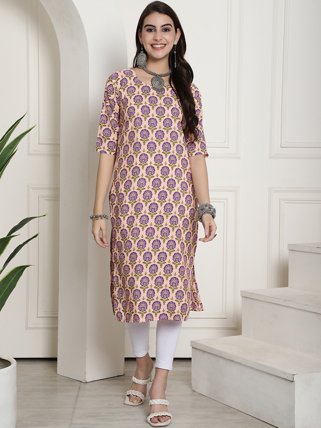 7Threads Ethnic Motifs Printed Round Neck Short Sleeves Crepe Straight Kurta, Beige
7Threads Ethnic Motifs Printed Round Neck Short Sleeves Crepe Straight Kurta, Beige