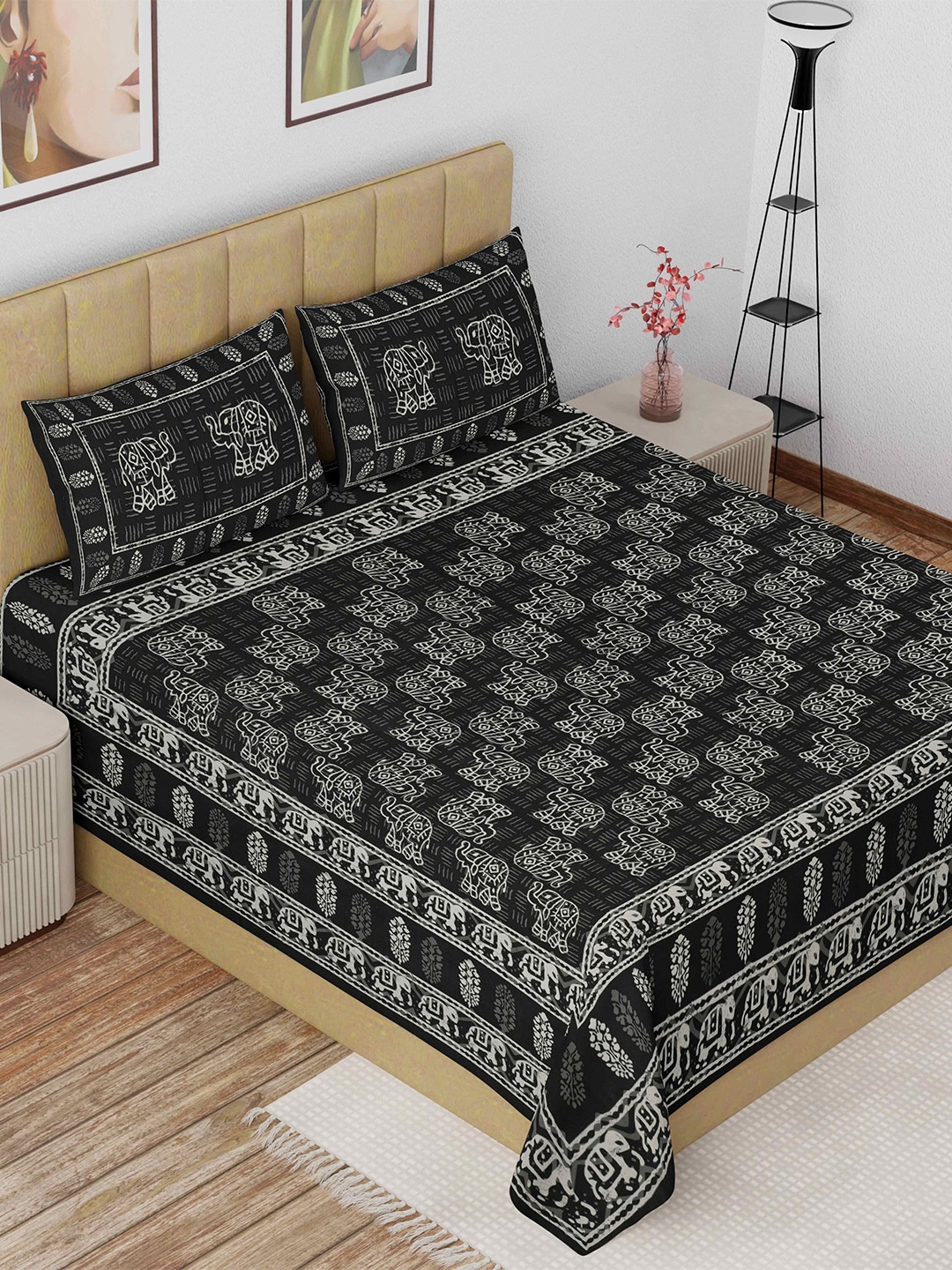 The Craft Monk Black Elephant Printed Cotton 180 TC King Bedsheet with 2 Pillow Covers
The Craft Monk Black Elephant Printed Cotton 180 TC King Bedsheet with 2 Pillow Covers