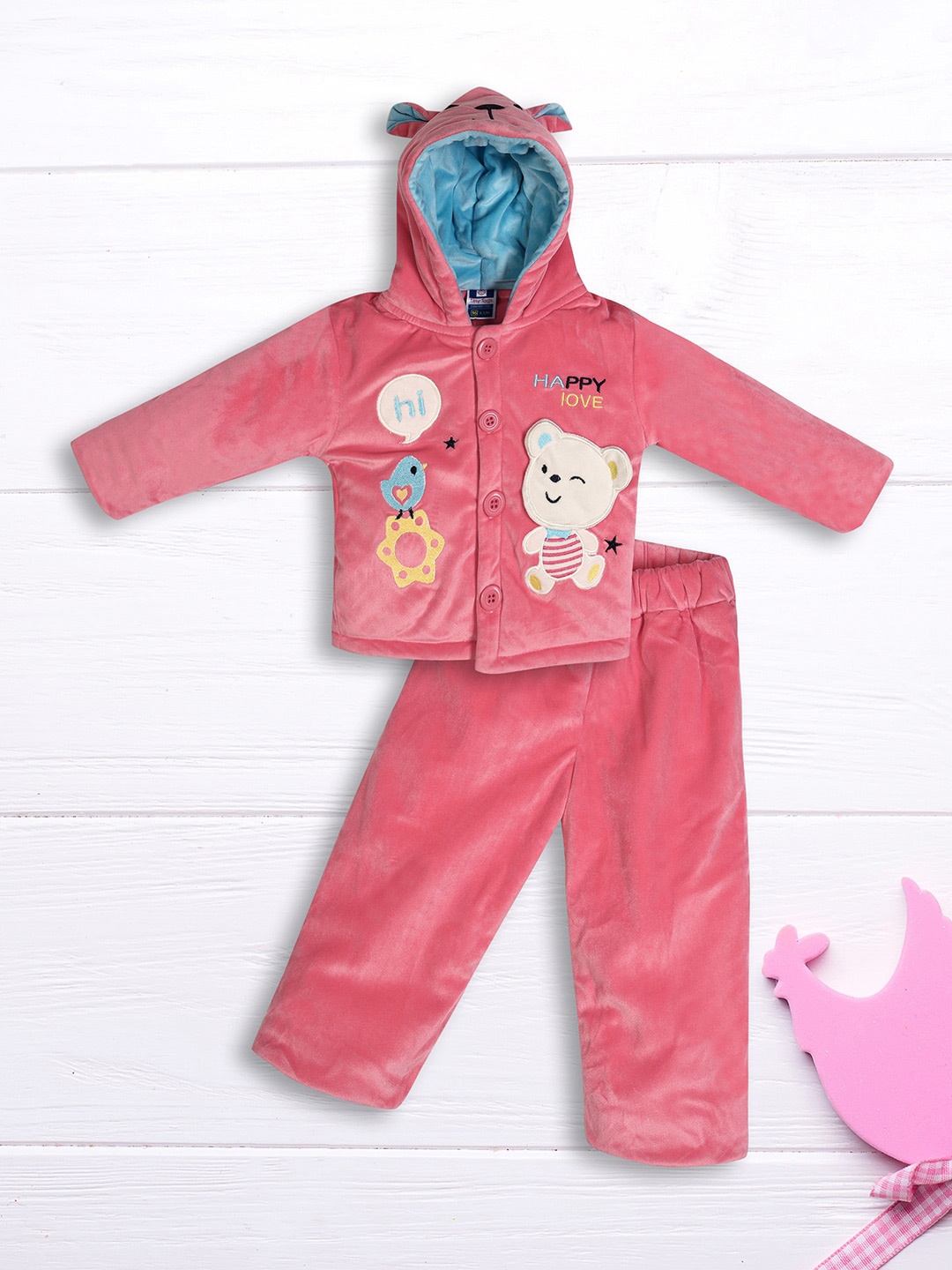 V-Mart Kids Printed Hooded Sweatshirt With Trousers, Coral