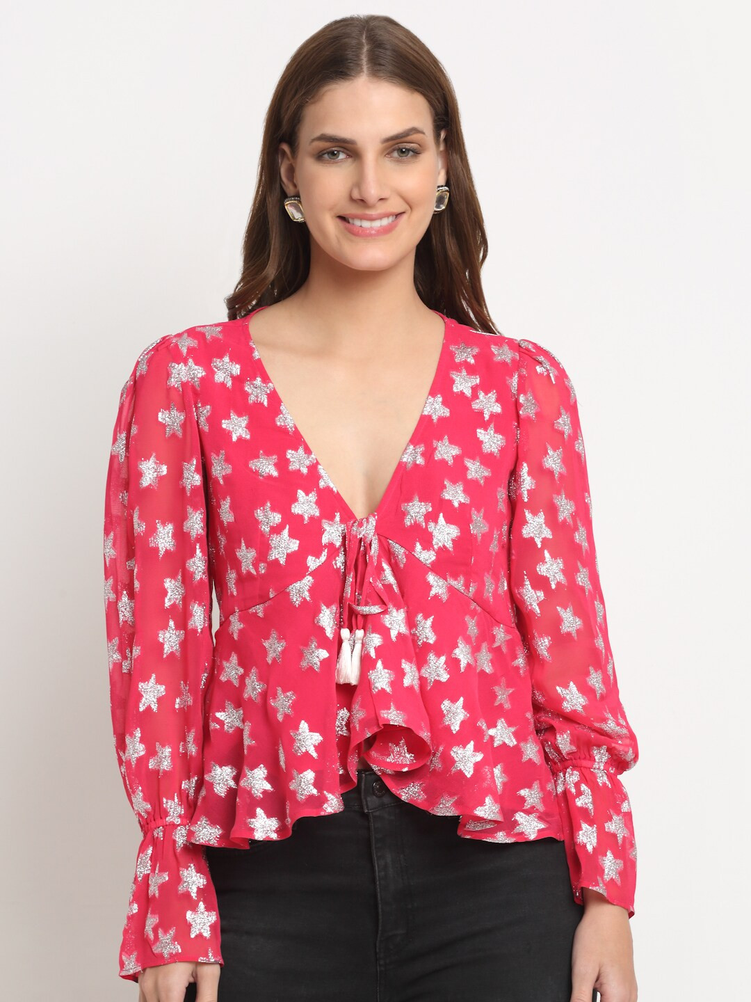 FAABRIQ Conversational Print Tie-Up Neck Bell Sleeve Georgette Crop Top, Fuchsia 
FAABRIQ Conversational Print Tie-Up Neck Bell Sleeve Georgette Crop Top, Fuchsia