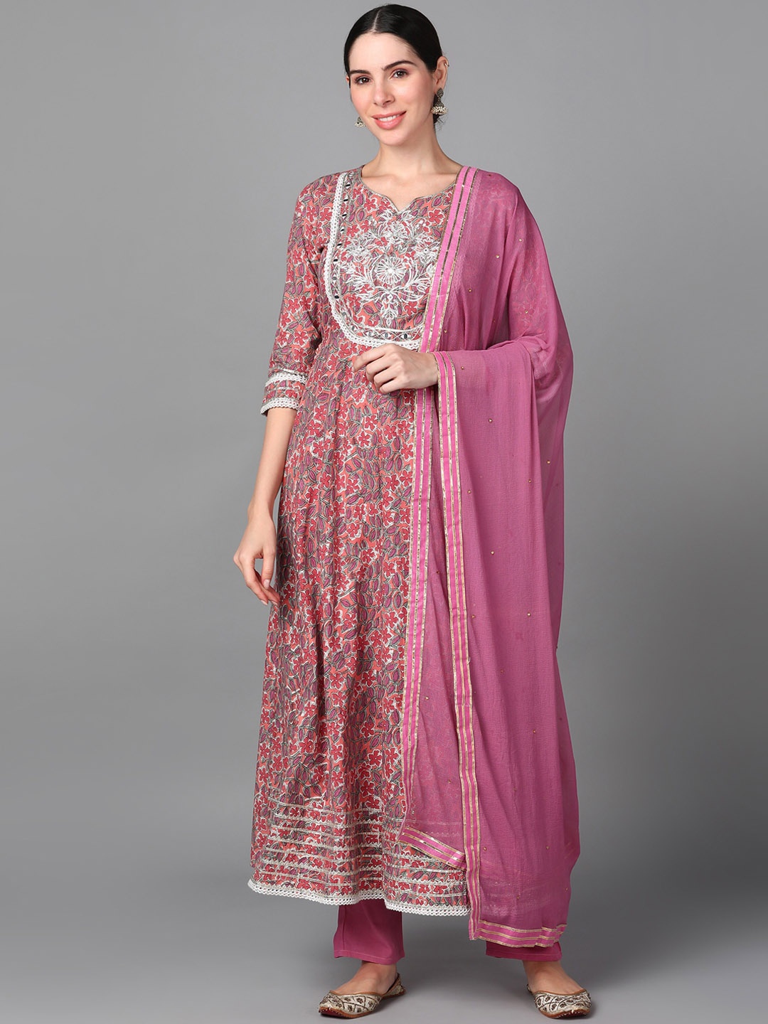 KALINI Floral Printed Pure Cotton Mirror Work Anarkali Kurta & Trousers With Dupatta, Pink
KALINI Floral Printed Pure Cotton Mirror Work Anarkali Kurta & Trousers With Dupatta, Pink