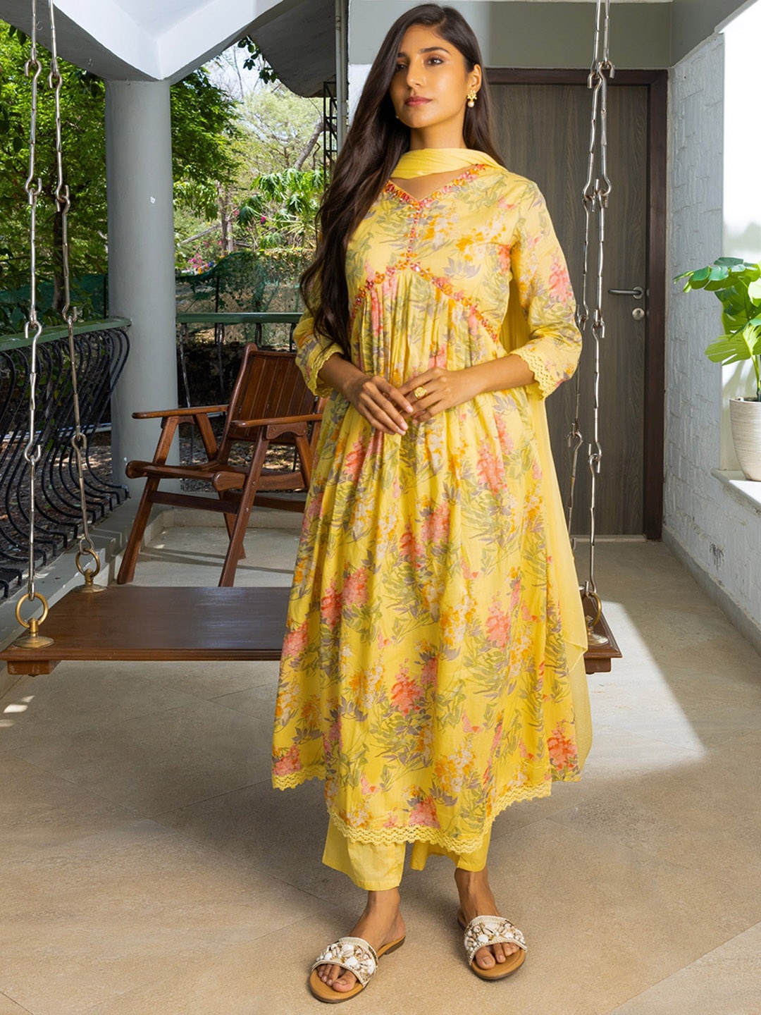 Sangria Floral Printed Mirror Work Pure Cotton A Line Kurta With Trousers & Dupatta, Yellow
Sangria Floral Printed Mirror Work Pure Cotton A Line Kurta With Trousers & Dupatta, Yellow