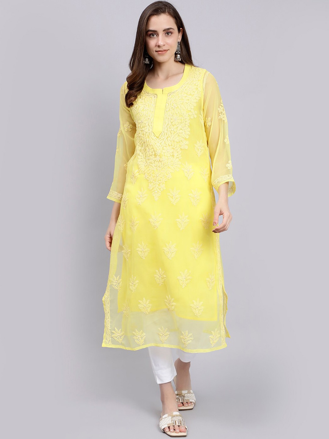 Seva Chikan Ethnic Motifs Embroidered Lucknowi Chikankari Georgette Kurta With Inner Slip, Yellow
Seva Chikan Ethnic Motifs Embroidered Lucknowi Chikankari Georgette Kurta With Inner Slip, Yellow