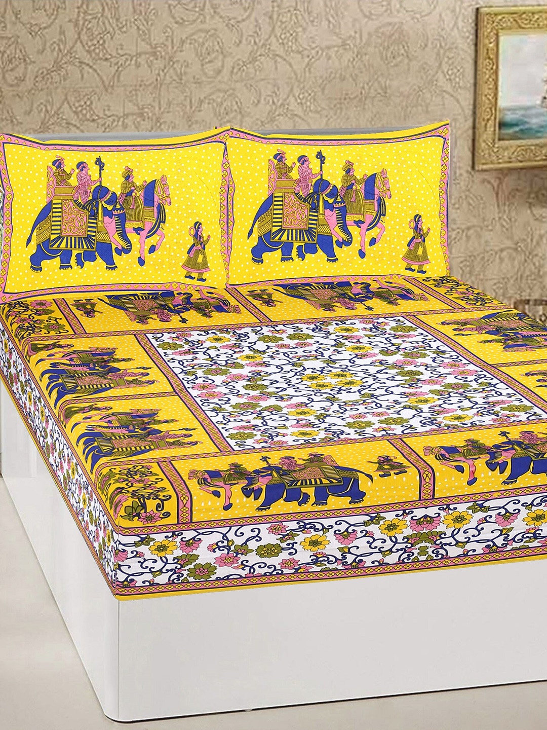 Rajasthanikart Yellow Ethnic Motifs Cotton 110 TC Queen Bedsheet with 2 Pillow Covers
Rajasthanikart Yellow Ethnic Motifs Cotton 110 TC Queen Bedsheet with 2 Pillow Covers