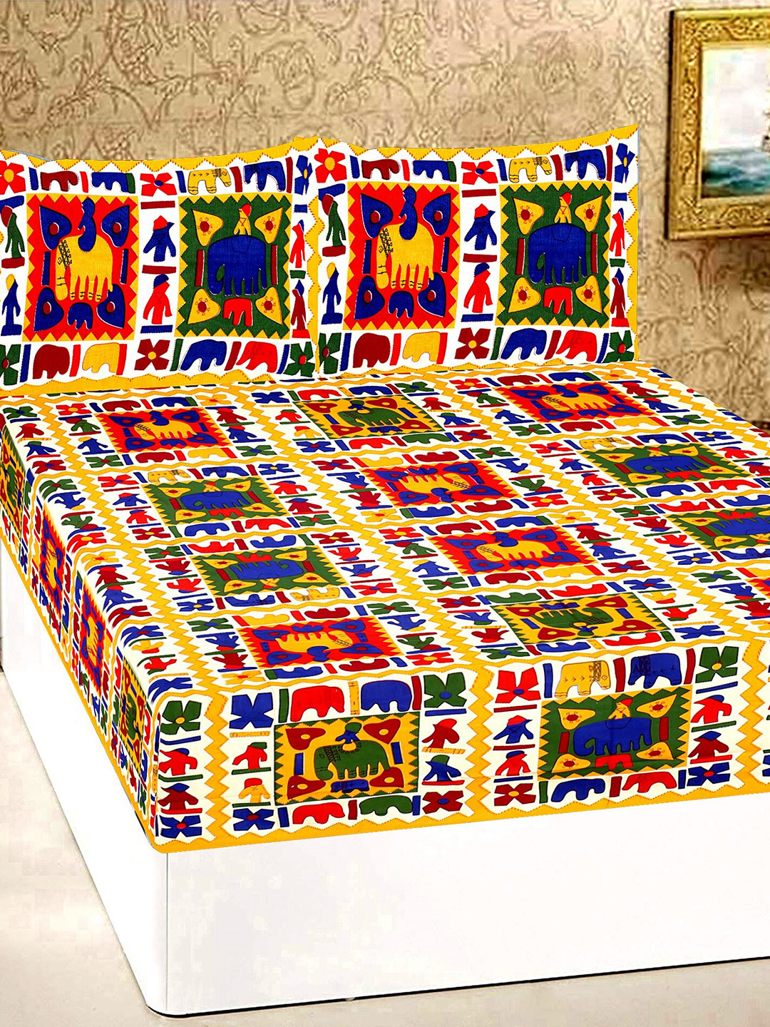 Rajasthanikart Yellow Ethnic Motifs Cotton 110 TC Queen Bedsheet with 2 Pillow Covers 
Rajasthanikart Yellow Ethnic Motifs Cotton 110 TC Queen Bedsheet with 2 Pillow Covers
