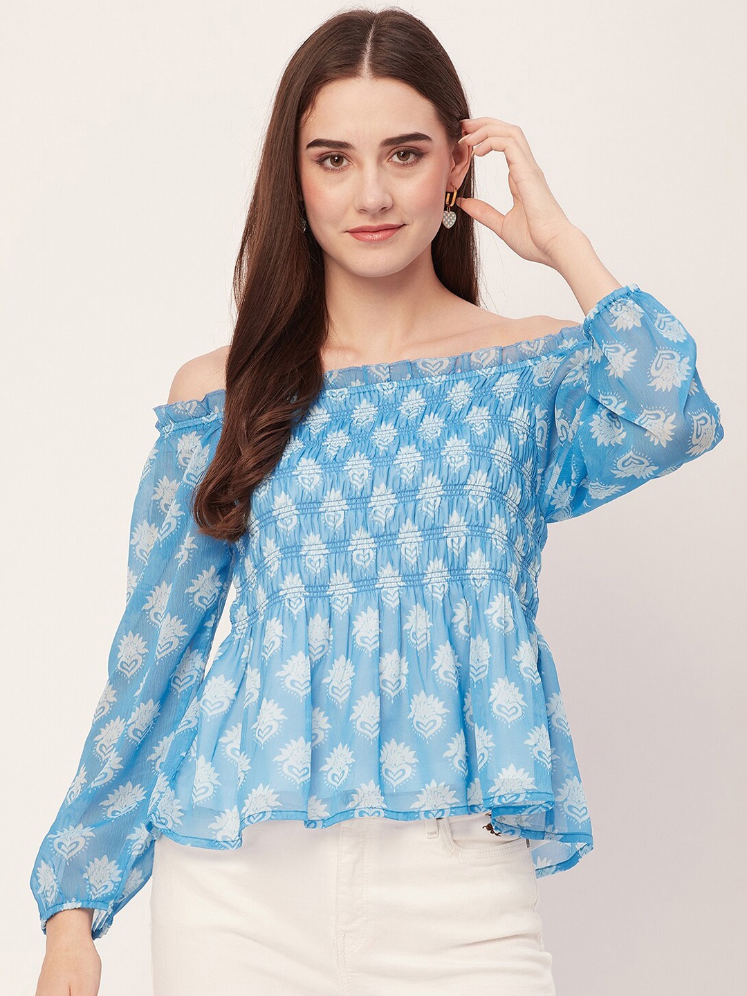 Moomaya Ethnic Motifs Printed Off-Shoulder Puff Sleeves Smocked Chiffon Regular Top, Blue
Moomaya Ethnic Motifs Printed Off-Shoulder Puff Sleeves Smocked Chiffon Regular Top, Blue