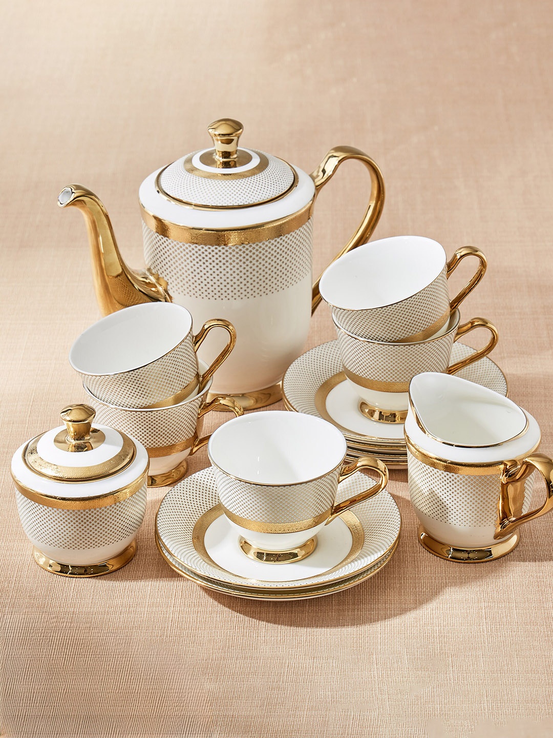 Home Centre 15 Pieces White & Gold-Toned Bone China Core Kettle Set 300ml Each