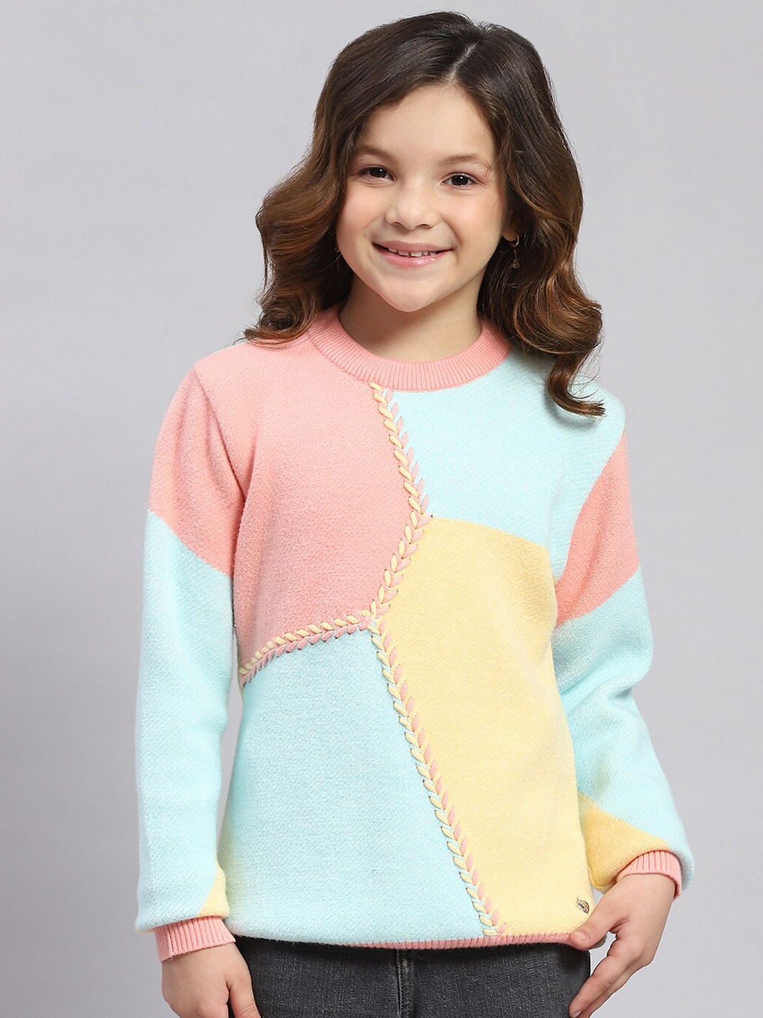 Monte Carlo Girls Colourblocked Woollen Pullover, Coral