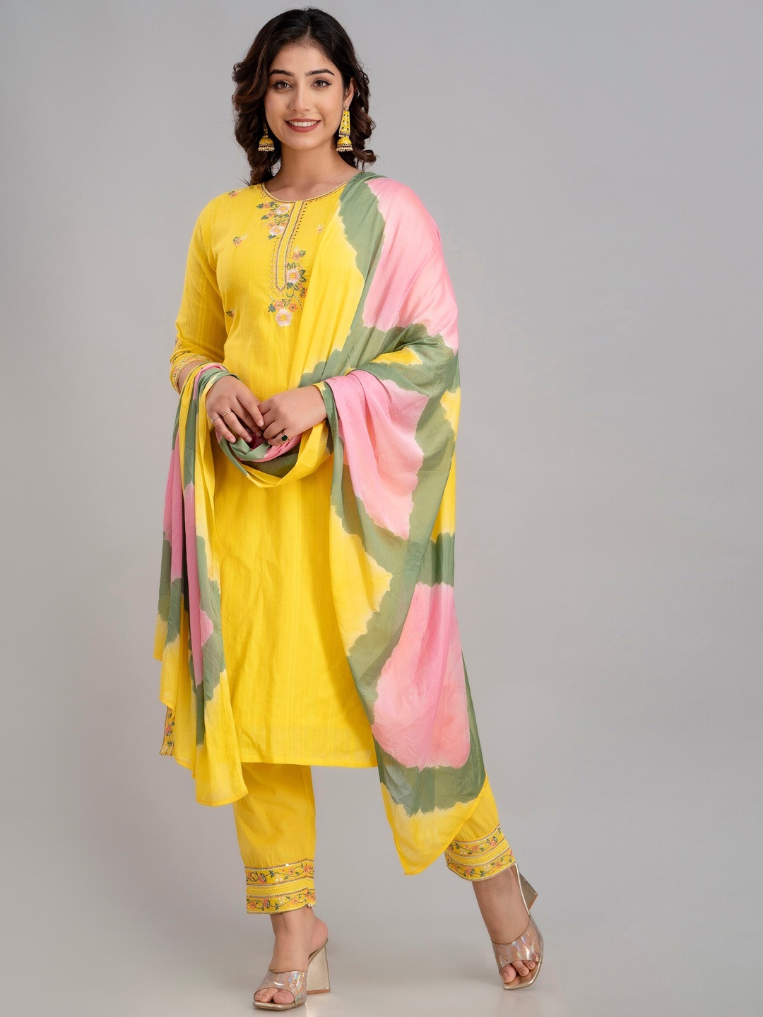 Charu Floral Embroidered Mirror Work Pure Cotton Kurta With Trousers & Dupatta, Yellow
Charu Floral Embroidered Mirror Work Pure Cotton Kurta With Trousers & Dupatta, Yellow
