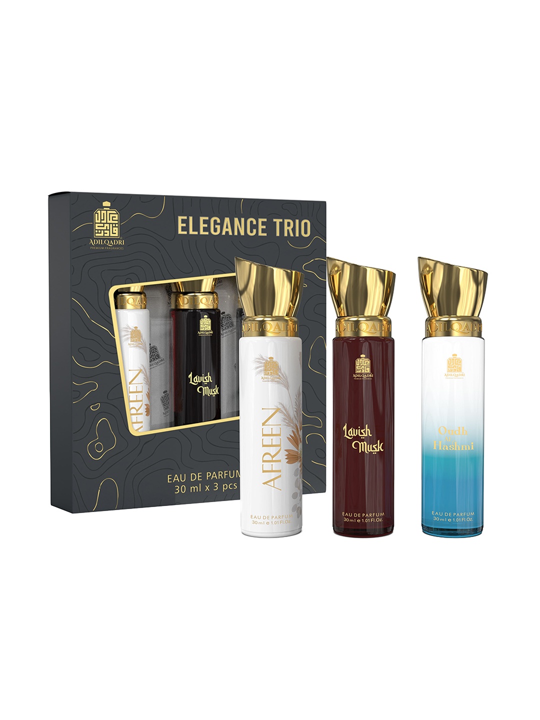 ADILQADRI Luxury Set Of 3 Afreen-Lavish Musk-Oudh Al Hashmi Eau De Parfum - 30ml Each, Black
ADILQADRI Luxury Set Of 3 Afreen-Lavish Musk-Oudh Al Hashmi Eau De Parfum - 30ml Each, Black