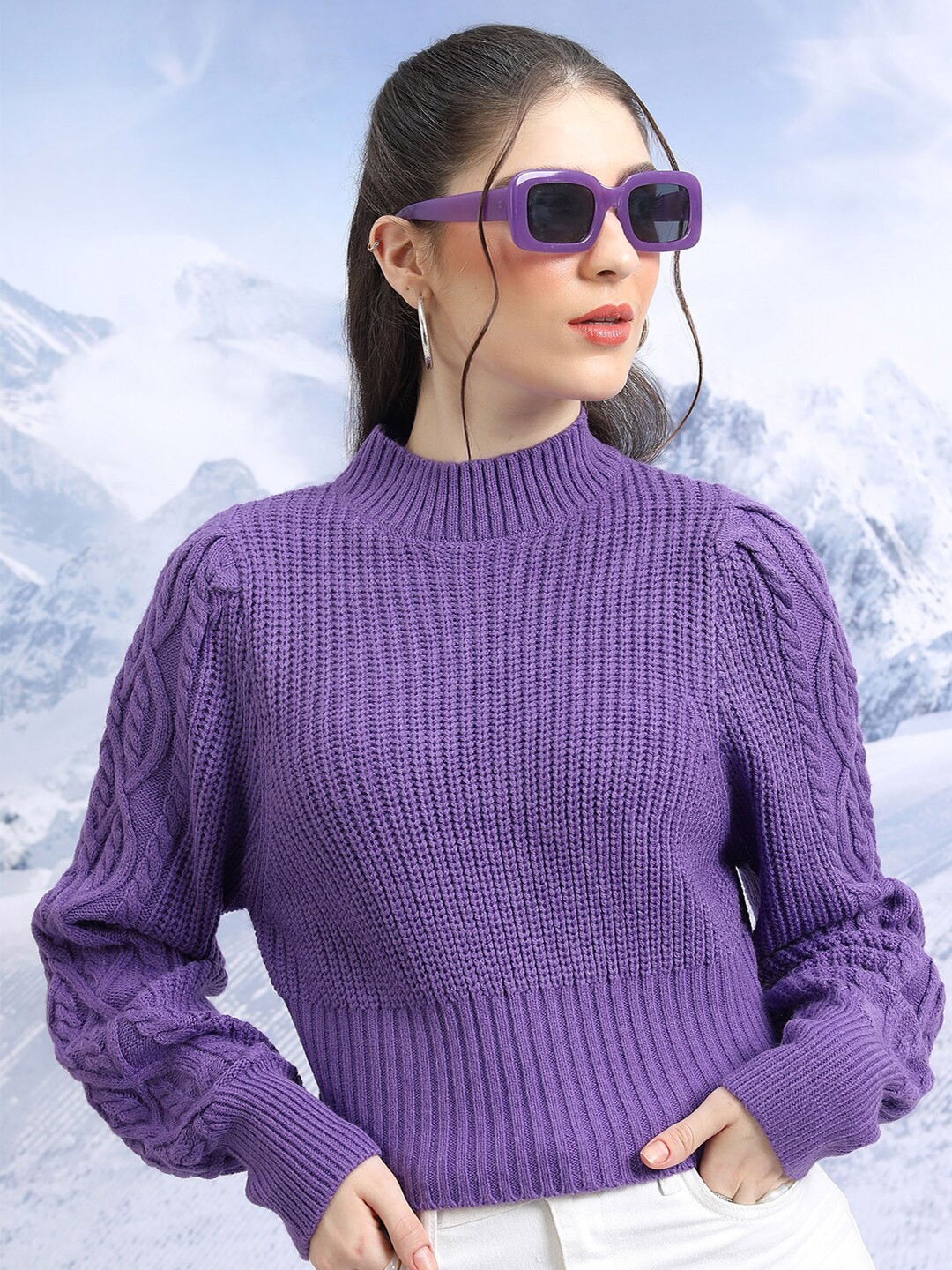 Tokyo Talkies Purple Cable Knit Mock Collar Long Sleeves Acrylic Pullover Sweater
Tokyo Talkies Purple Cable Knit Mock Collar Long Sleeves Acrylic Pullover Sweater