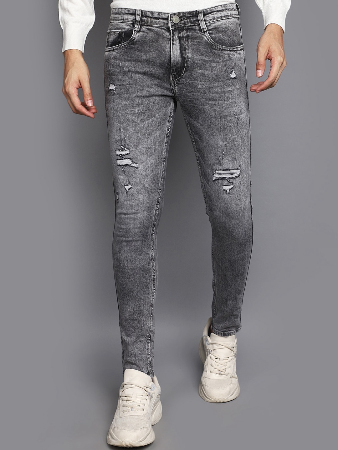 V-Mart Men Mildly Distressed Light Fade Cotton Jeans, Grey