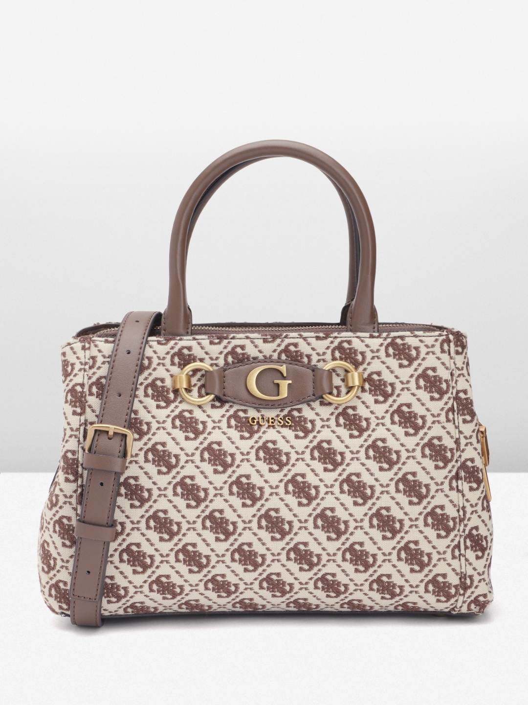 GUESS Brand Logo Embroidered Structured Handheld Bag, Off white