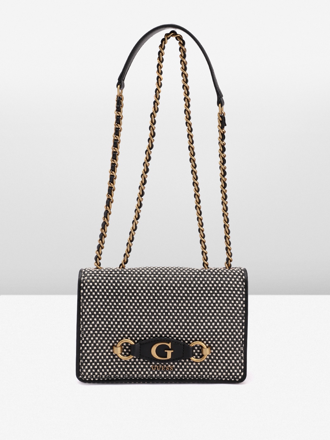 GUESS Basket Weave Textured Structured Shoulder Bag, Black