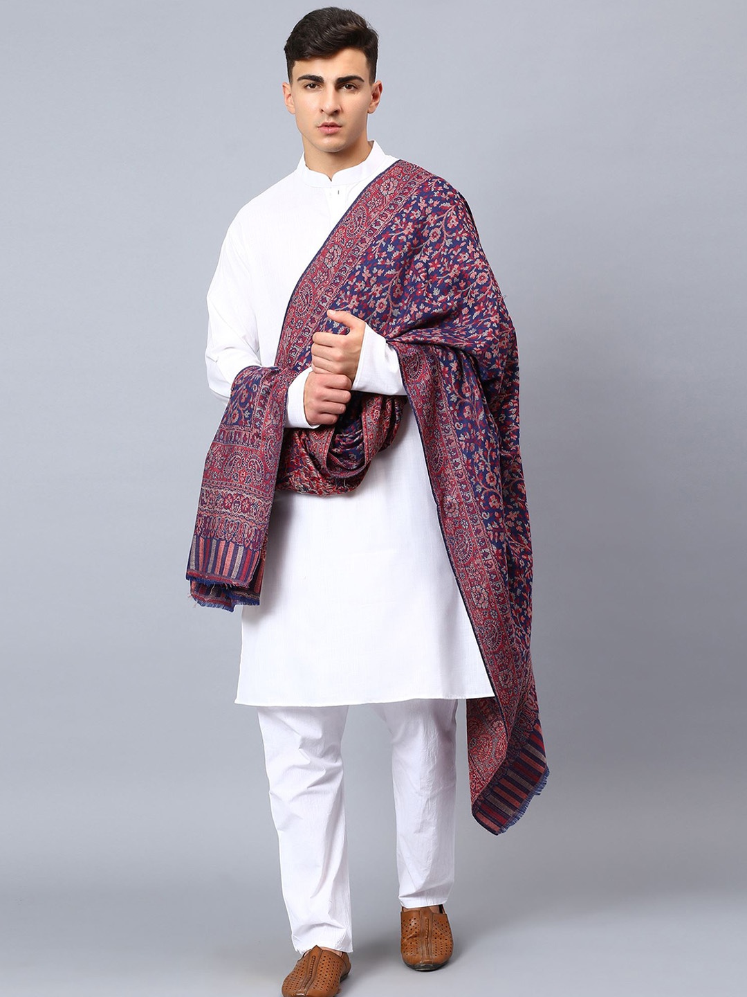 Moda Chales Men Floral Woven Design Fringed Shawl, Navy blue