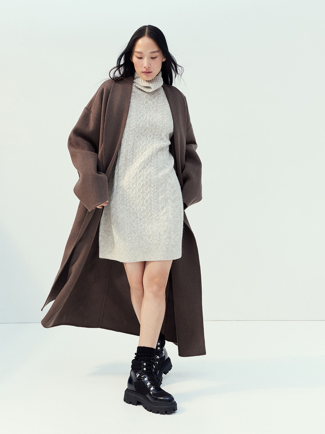 H&M Cable-Knit Polo-Neck Dress, Beige
