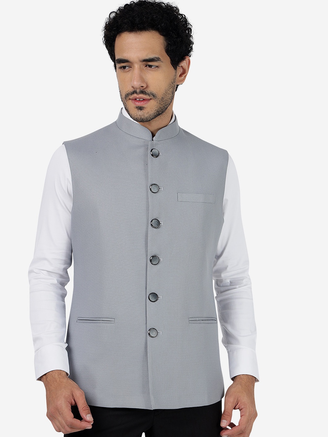 Greenfibre Mandarin Collar Woollen Nehru Jackets, Grey