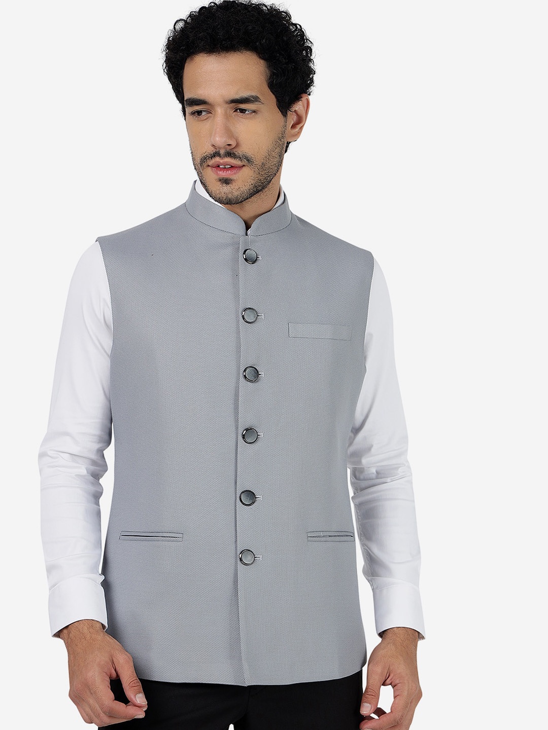 Greenfibre Mandarin Collar Sleeveless Nehru Jackets, Grey
