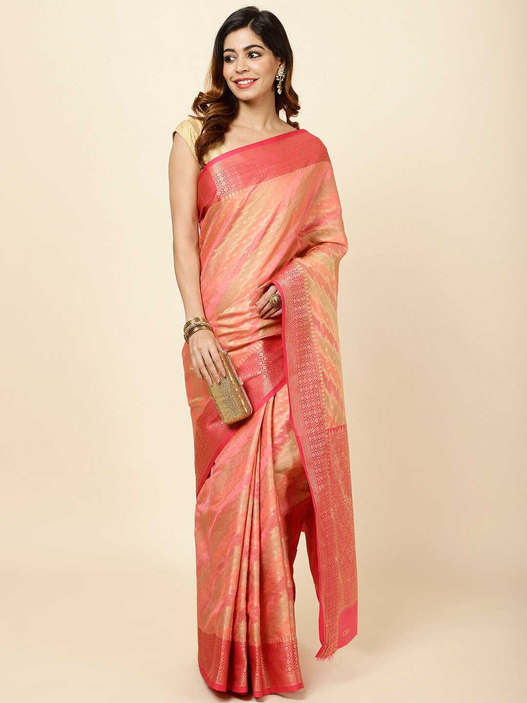 Meena Bazaar Ethnic Motifs Woven Design Saree, Peach