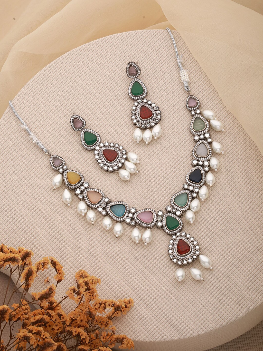 Saraf RS Jewellery Rhodium-Plated Kundan-Studded & Beaded Necklace & Earrings, Silver
Saraf RS Jewellery Rhodium-Plated Kundan-Studded & Beaded Necklace & Earrings, Silver