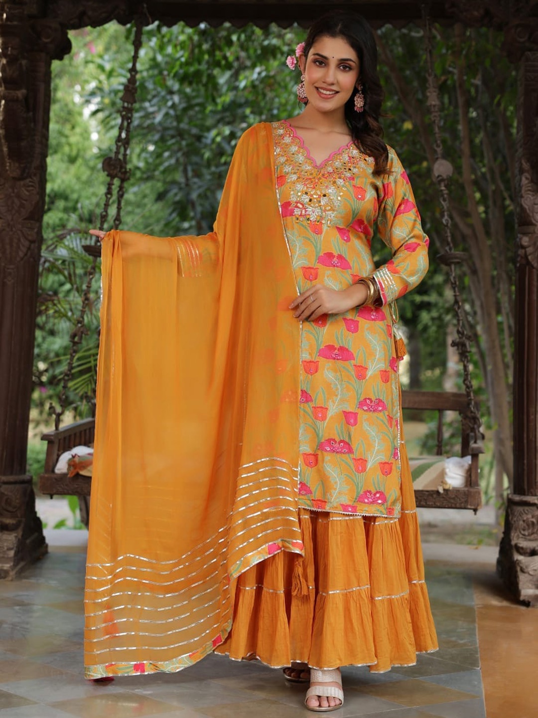 KAJREE Floral Printed Thread Work Detailed Straight Kurta & Skirt With Dupatta, Mustard
KAJREE Floral Printed Thread Work Detailed Straight Kurta & Skirt With Dupatta, Mustard
