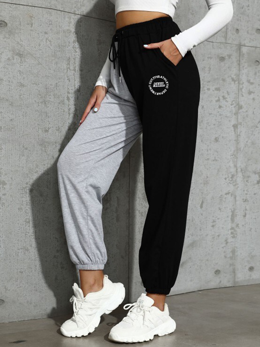 StyleCast Women Grey & Black High-Rise Trousers