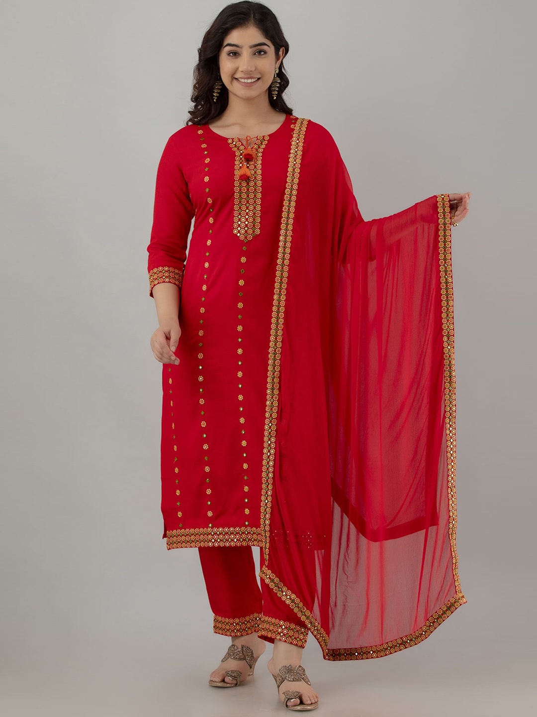KALINI Ethnic Motifs Embroidered Mirror Work Detail Straight Kurta & Trouser With Dupatta, Red
KALINI Ethnic Motifs Embroidered Mirror Work Detail Straight Kurta & Trouser With Dupatta, Red