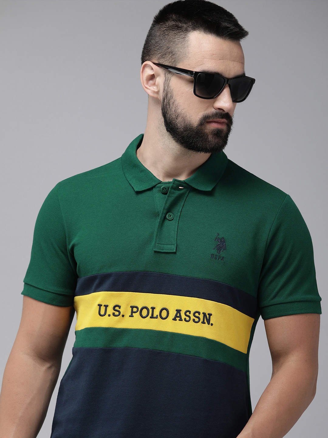 U.S. Polo Assn. Brand Logo Colourblocked Polo Collar Pure Cotton Slim Fit T-shirt, Green
U.S. Polo Assn. Brand Logo Colourblocked Polo Collar Pure Cotton Slim Fit T-shirt, Green