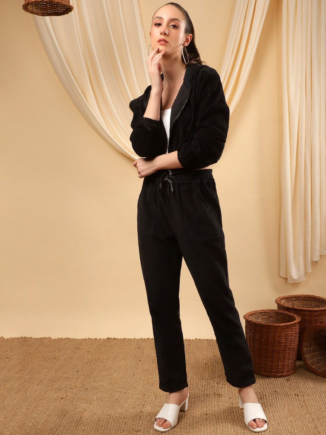 Bani Women Striped Hooded Jacket With Trousers Co-Ords, Black
Bani Women Striped Hooded Jacket With Trousers Co-Ords, Black