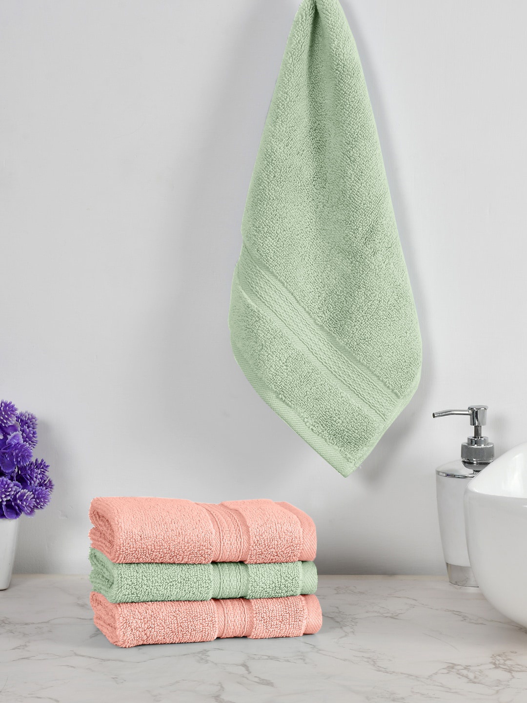 AVI Living Peach & Green 4 Pieces 550 GSM Pure Cotton Face Towels