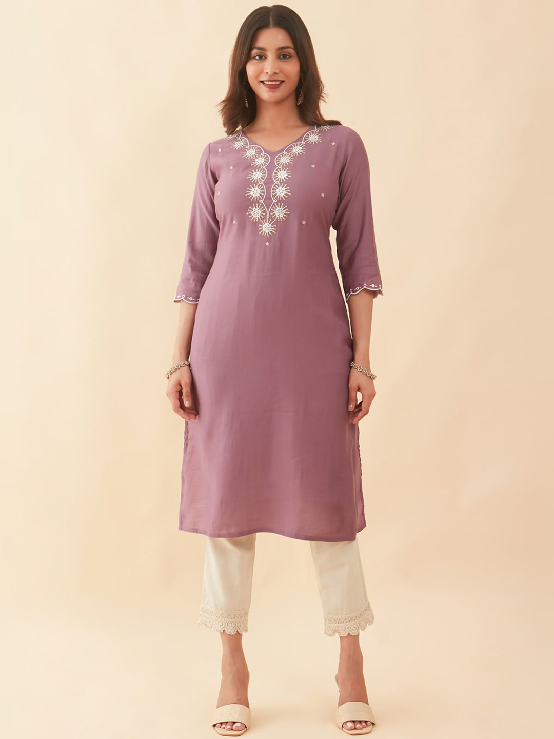 Maybell Floral Yoke Design Straight Kurta, Purple