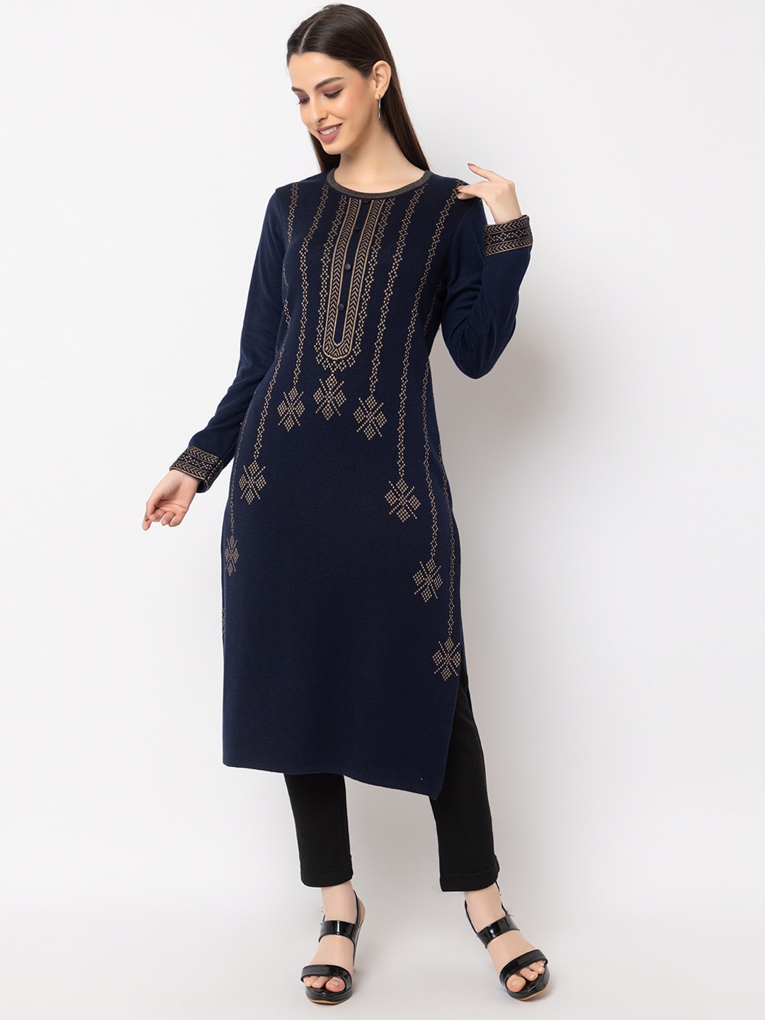 KEIKO Ethnic Motifs Woven Designed Round Neck Regular Straight Acrylic Kurta, Navy blue
KEIKO Ethnic Motifs Woven Designed Round Neck Regular Straight Acrylic Kurta, Navy blue