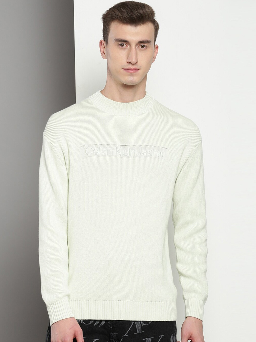 Calvin Klein Jeans Typography Embroidered High Neck Pure Cotton Pullover Sweater, Cream
Calvin Klein Jeans Typography Embroidered High Neck Pure Cotton Pullover Sweater, Cream