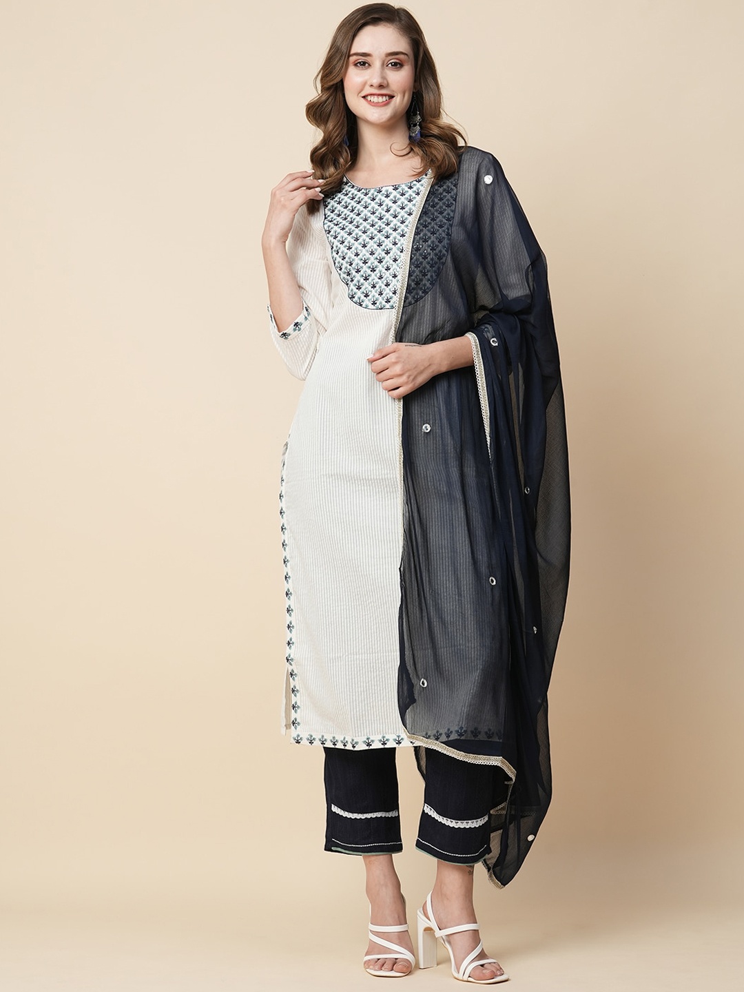 KALINI Ethnic Motifs Yoke Design Pure Cotton Thread Work Kurta With Trousers & Dupatta, White
KALINI Ethnic Motifs Yoke Design Pure Cotton Thread Work Kurta With Trousers & Dupatta, White