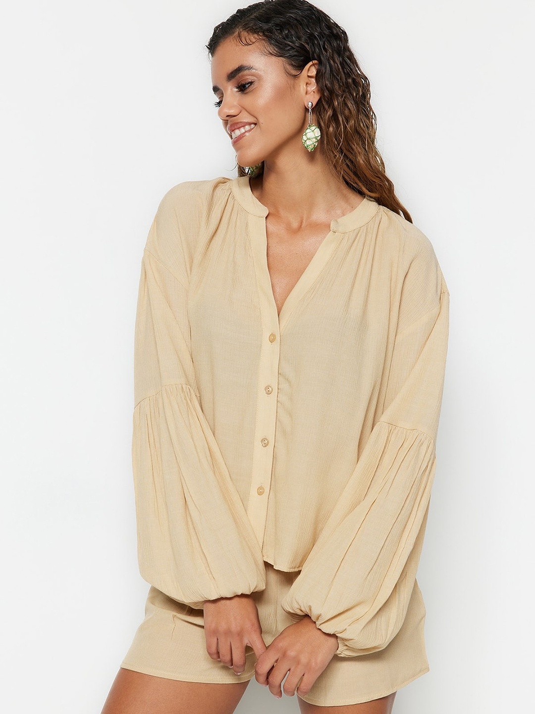 Trendyol Mandarin Collar Puff Sleeves Shirt With Shorts, Beige