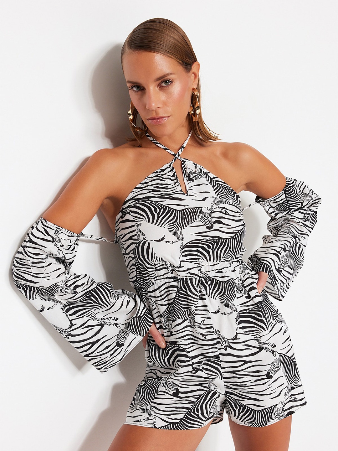 Trendyol Abstract Printed Halter Neck Playsuit, White