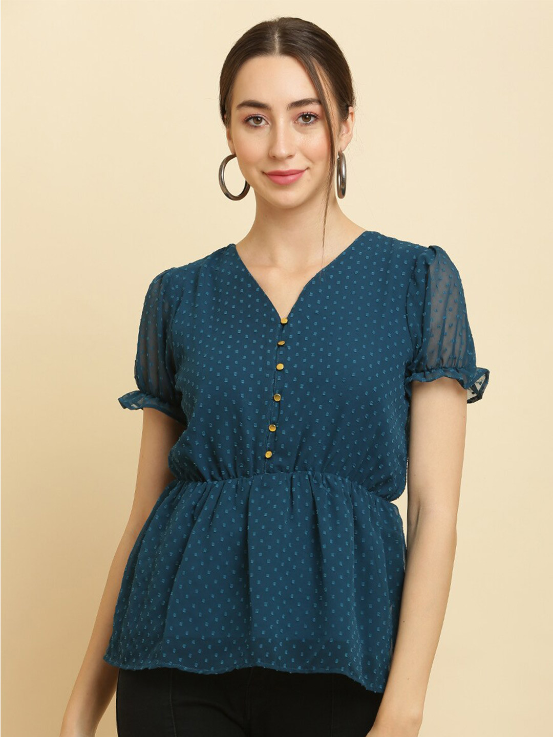 HERE&NOW Teal Green Self Design Puff Sleeves Peplum Top
HERE&NOW Teal Green Self Design Puff Sleeves Peplum Top