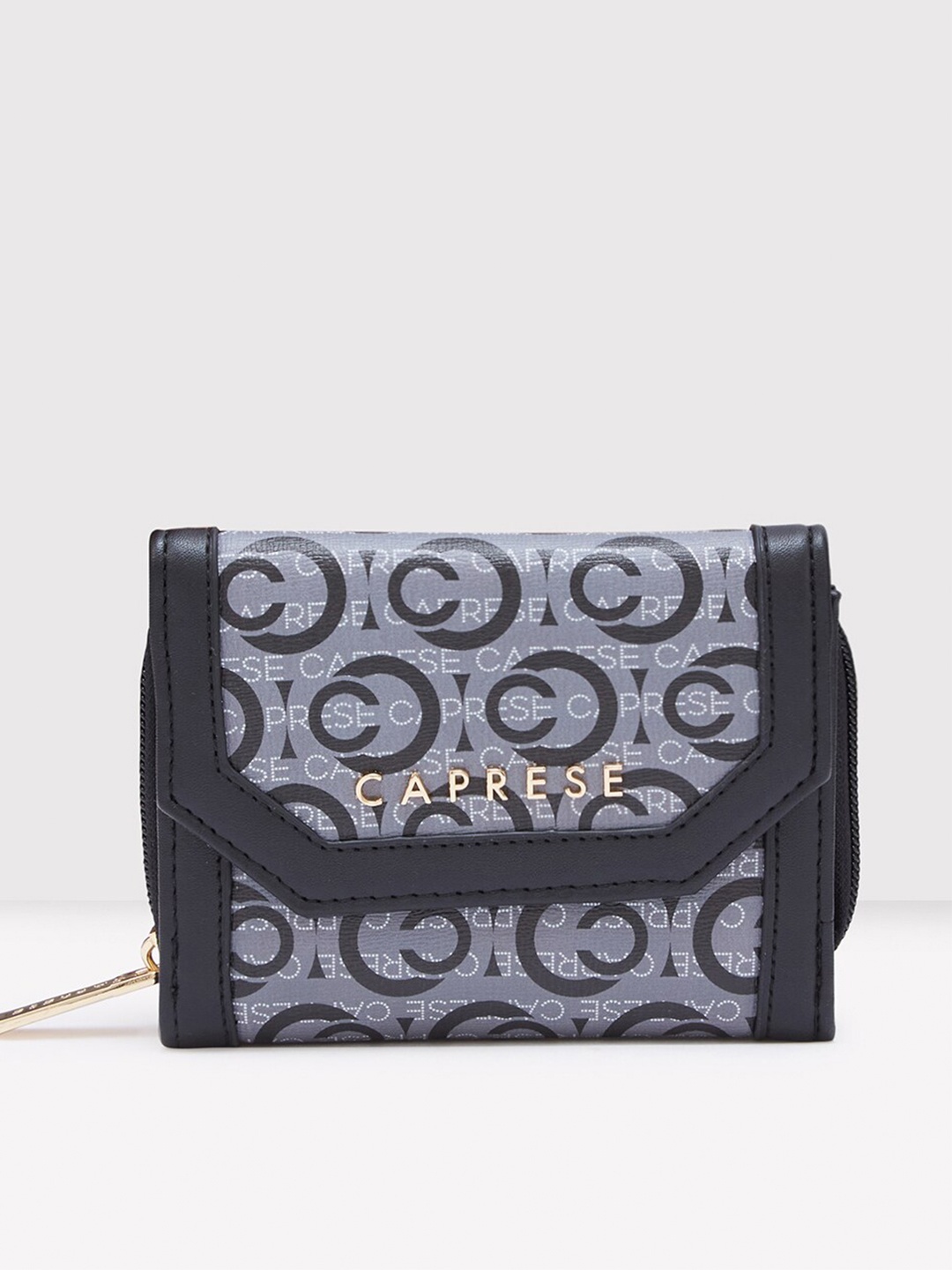 Caprese Women Typography Leather Two Fold Wallet, Black