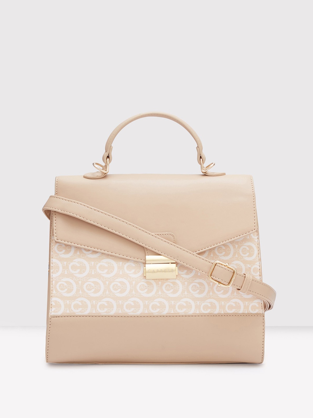 Caprese Printed Leather Structured Satchel, Beige