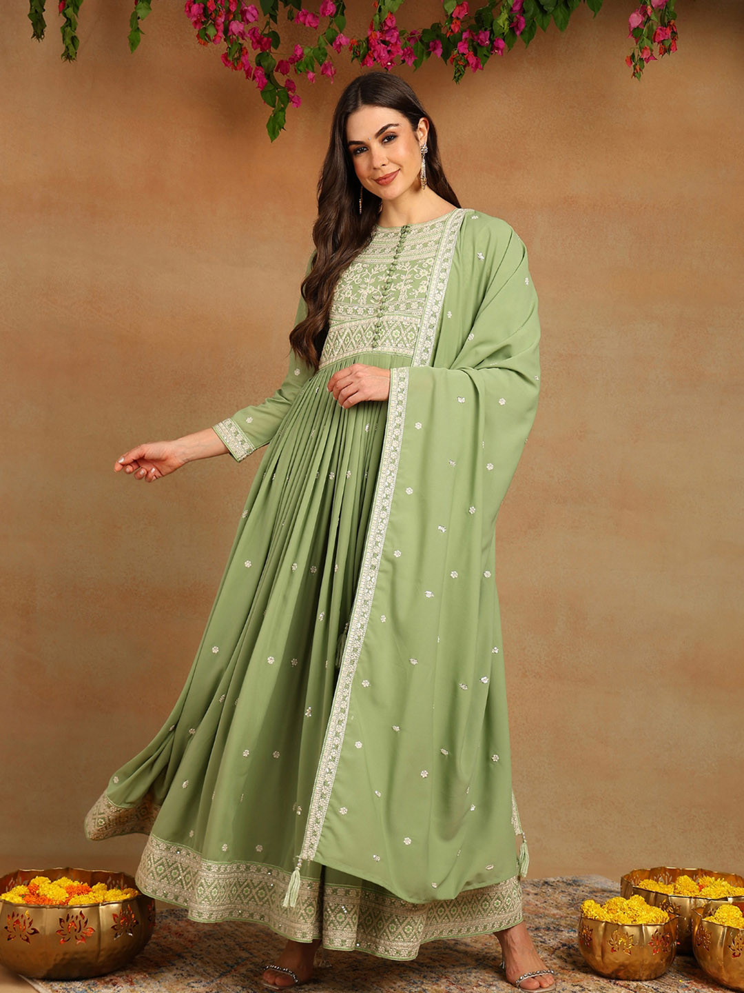 AHIKA Green Ethnic Motifs Embroidered Thread Work Georgette Anarkali Kurta With Dupatta
AHIKA Green Ethnic Motifs Embroidered Thread Work Georgette Anarkali Kurta With Dupatta