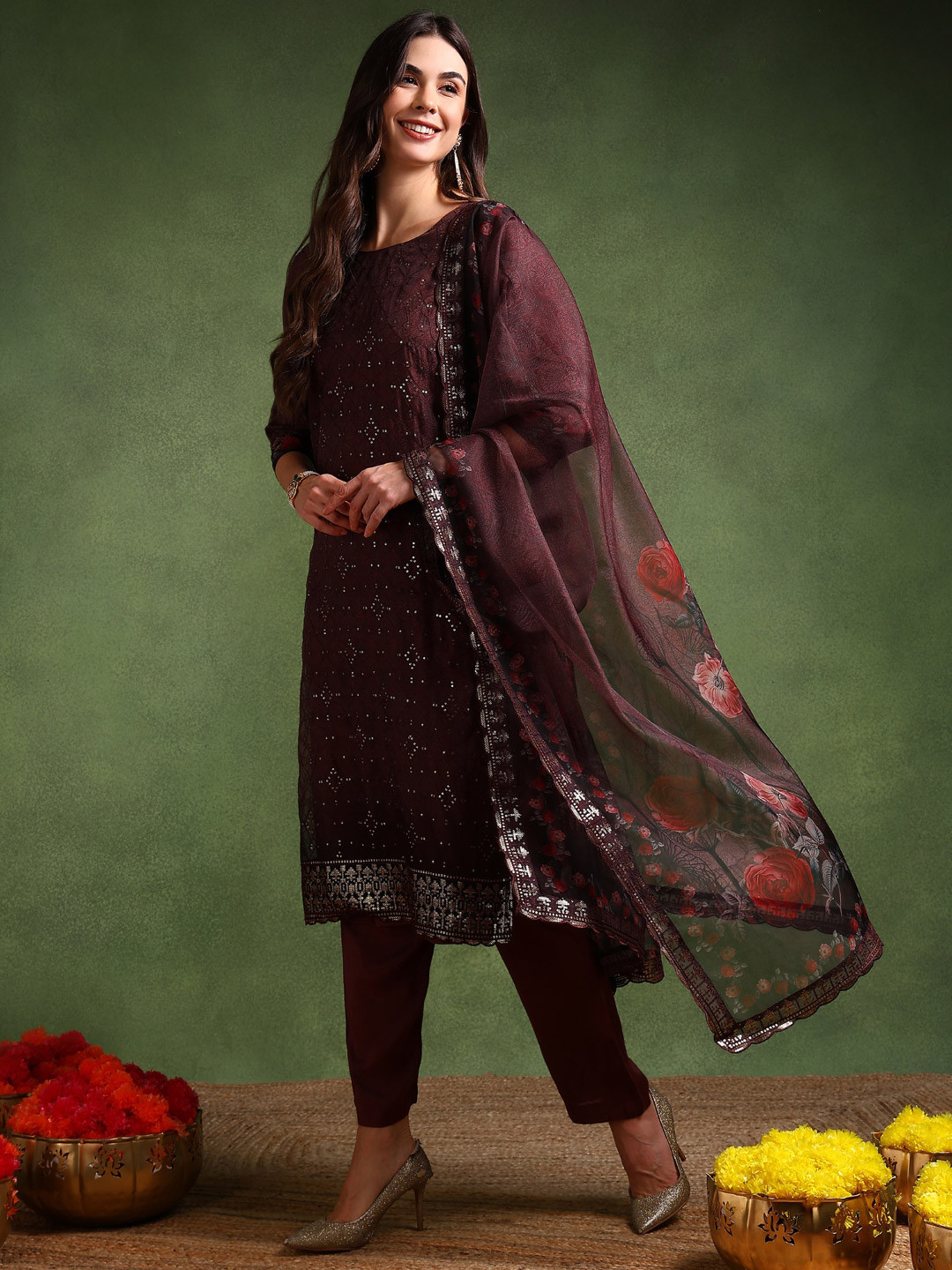 AHIKA Ethnic Motifs Embroidered Sequinned Organza Kurta with Trousers & Dupatta, Brown
AHIKA Ethnic Motifs Embroidered Sequinned Organza Kurta with Trousers & Dupatta, Brown