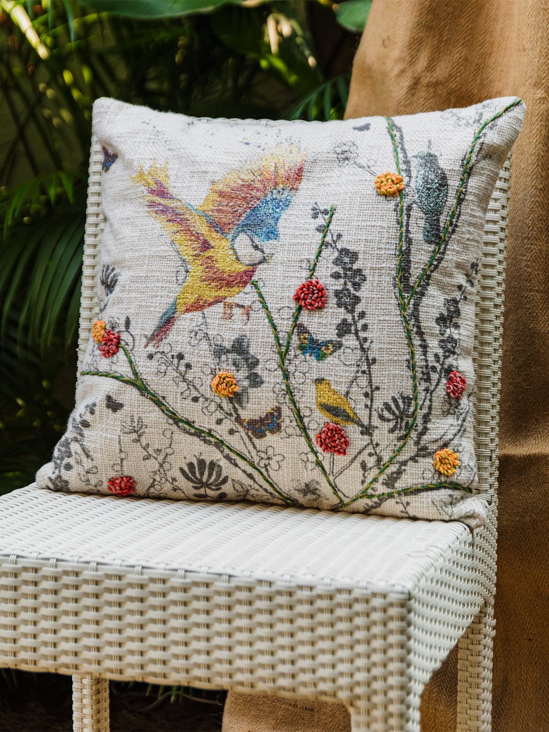 LUSH & BEYOND Cream Embroidered Cotton Square Cushion Cover